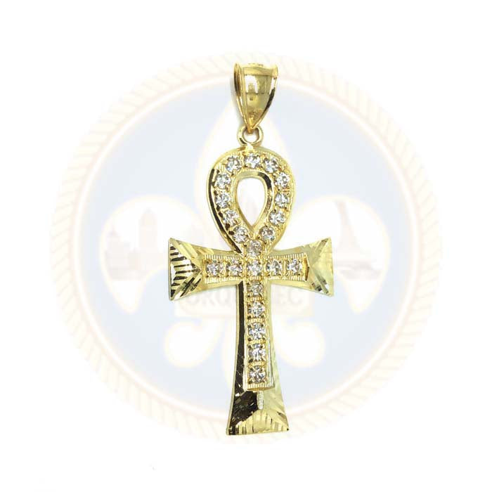 Pendentf en Or Jaune 10K Croix Ankh Diamond Cut et Zircons L GAP-006 - OR QUEBEC