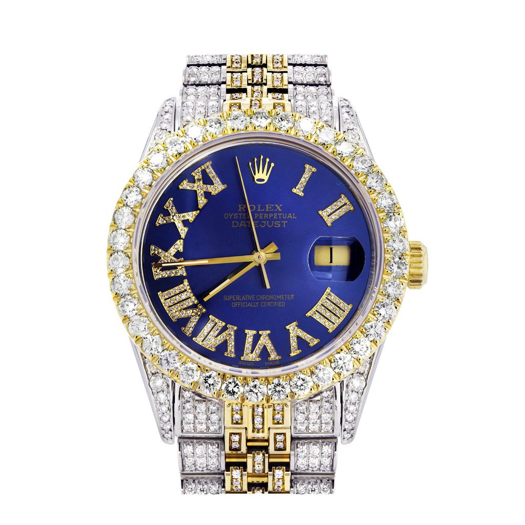 Iced Out Rolex Datejust 36 MM |  Deux tons | 10 carats de diamants | Cadran bleu diamant romain